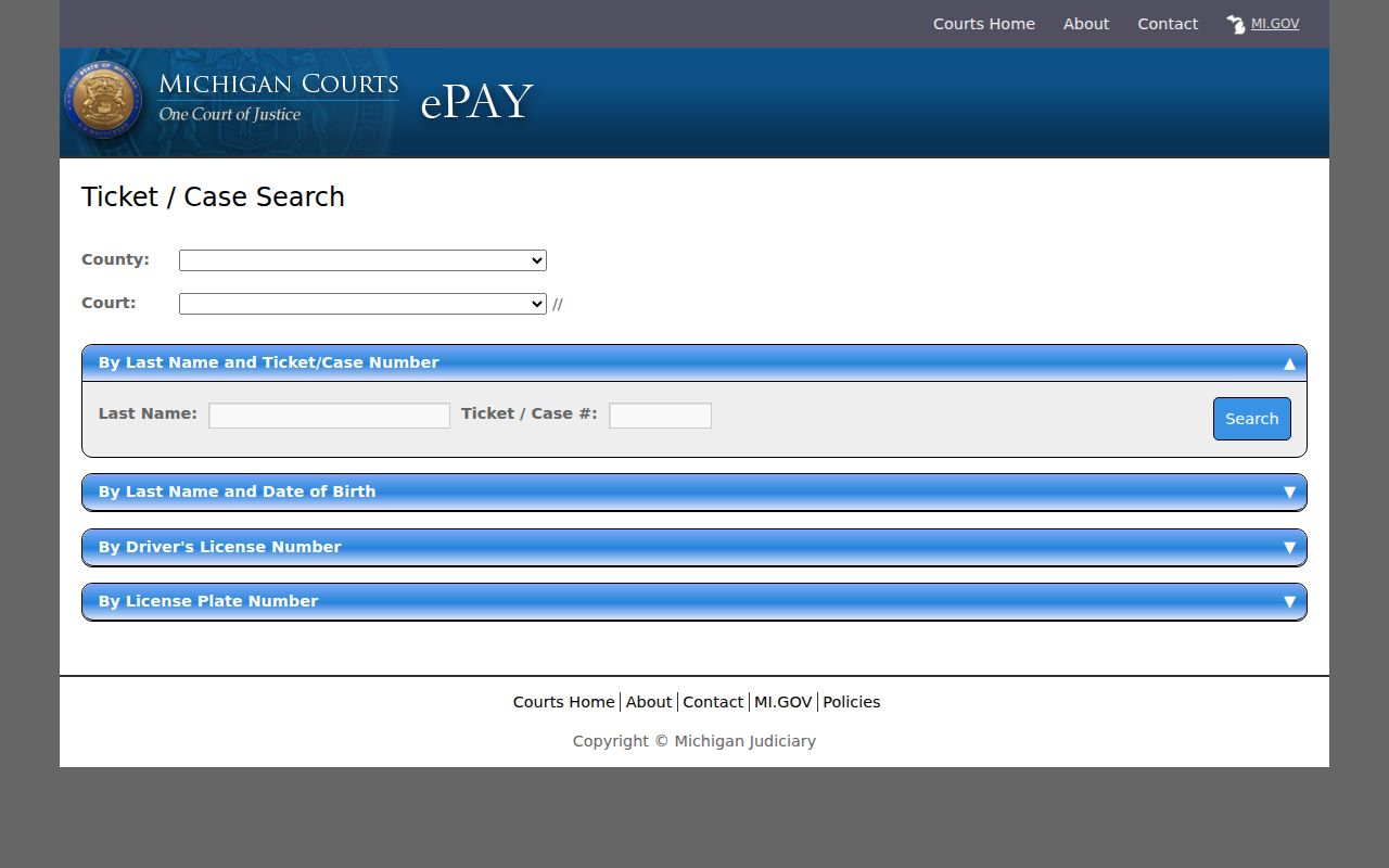 Monroe County warrant records: state ticket and case search fields