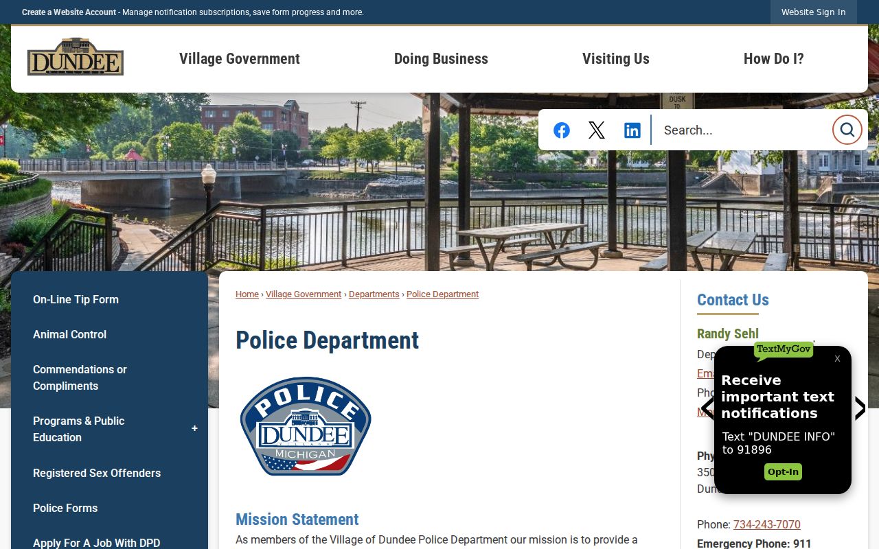 Dundee warrant records: village police department contact page