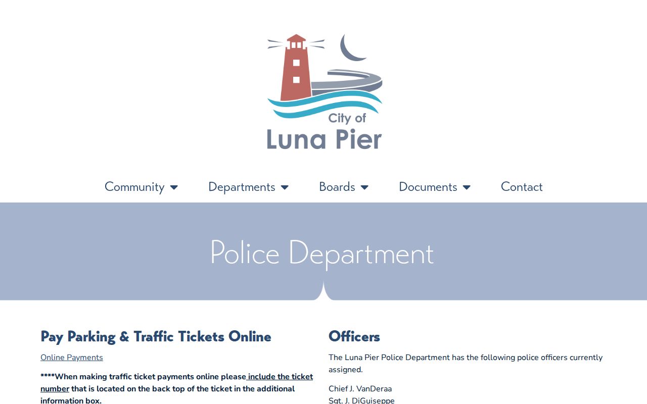 Luna Pier warrant records: city police department page and ticket route